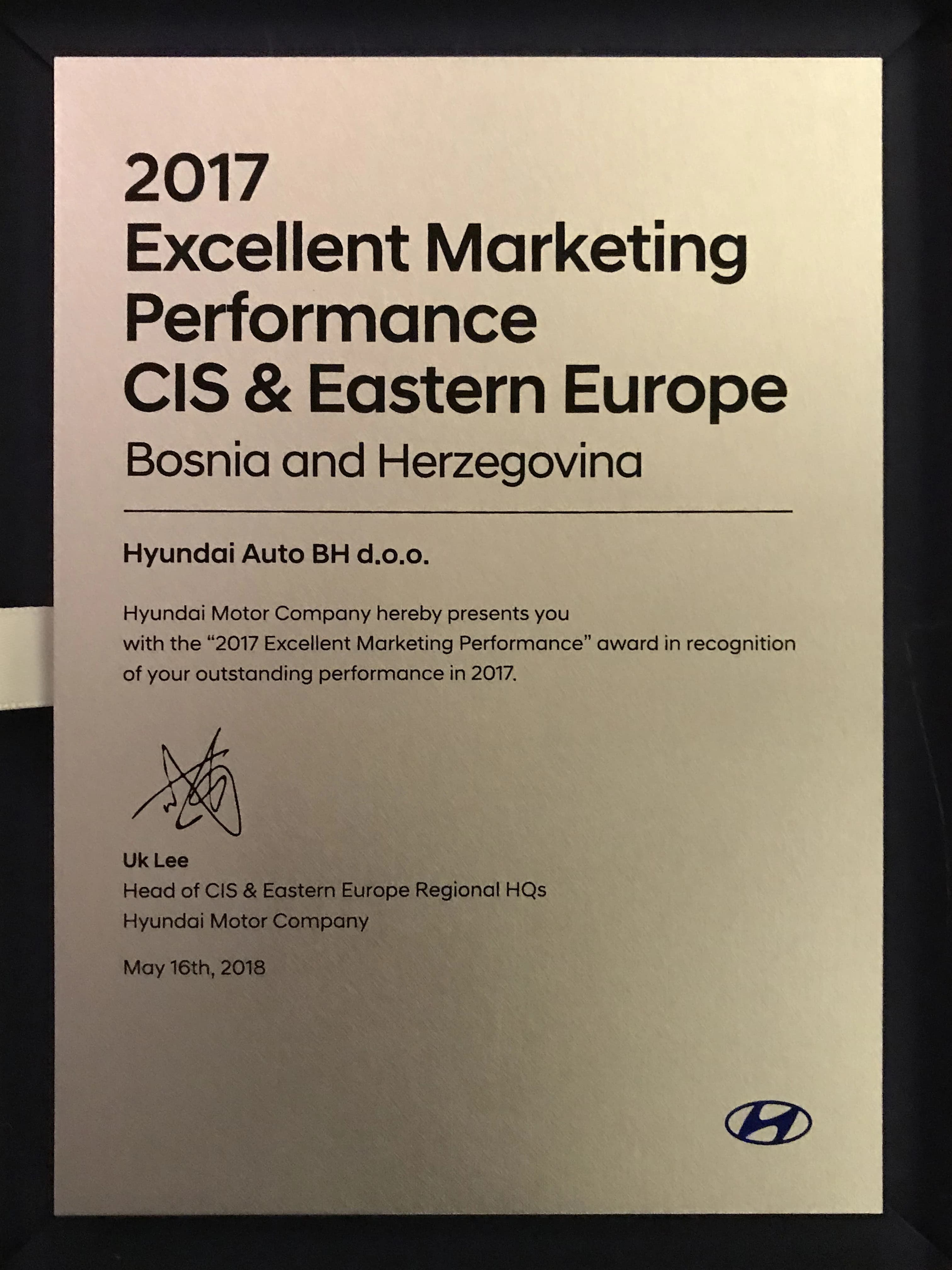 Nagrada „2017 Excellent Marketing Performance CIS & EE“ za Hyundai Auto BH