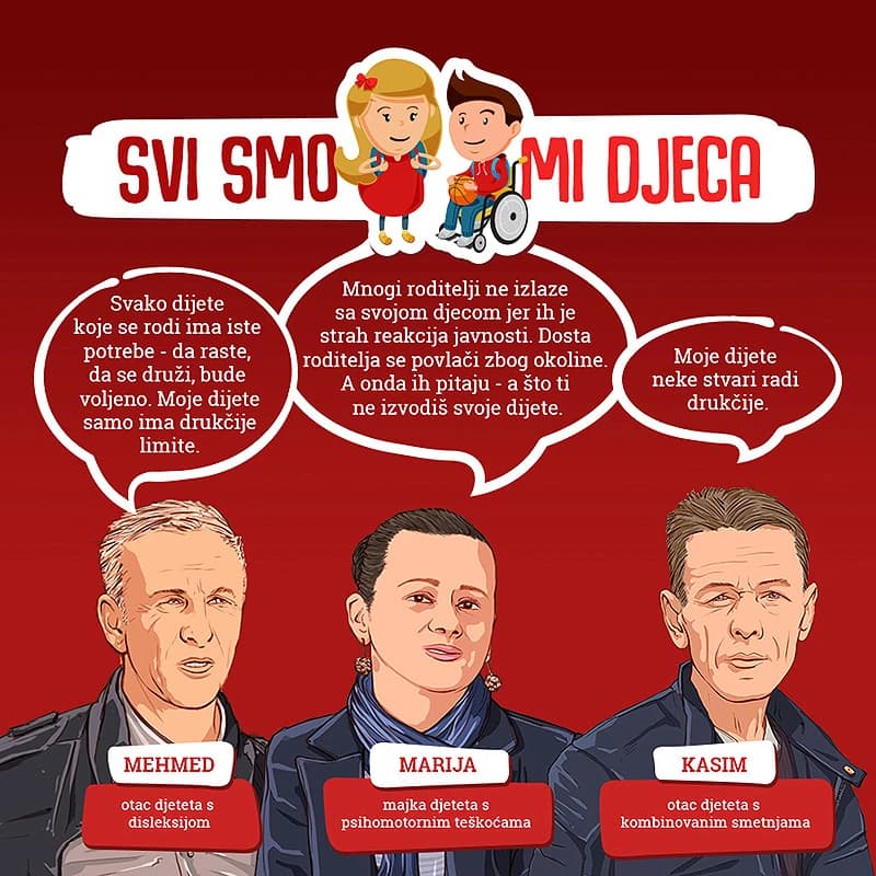 ''Svako dijete koje se rodi ima iste potrebe –da raste, da se druži, bude voljeno. Moje dijete samo ima drugačije limite'' – Mehmed, otac djeteta s disleksijom ''Mnogi roditelji ne izlaze sa svojom djecom jer ih je strah reakcija javnosti. 