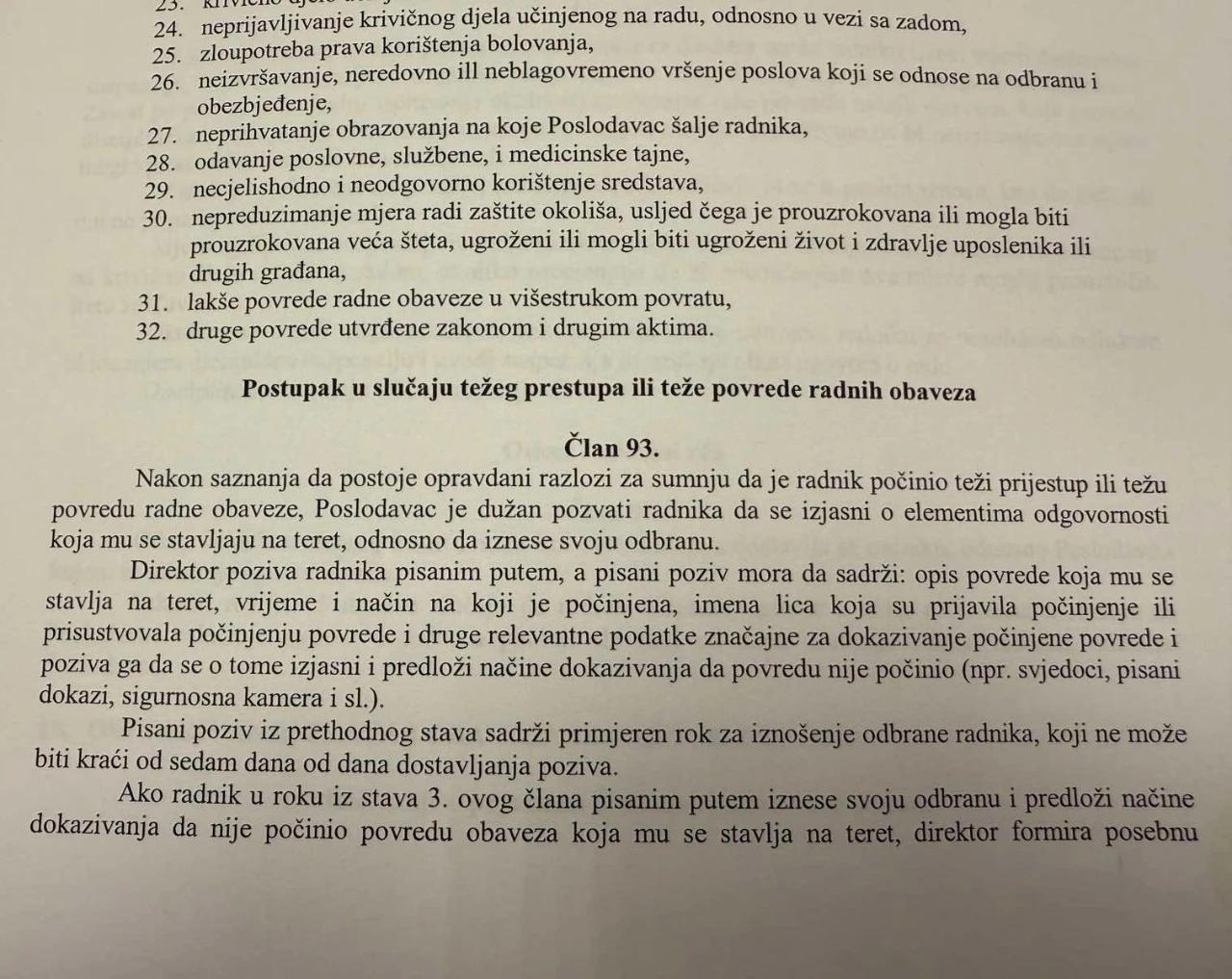 Član 93 Pravilnika o radu Zavoda