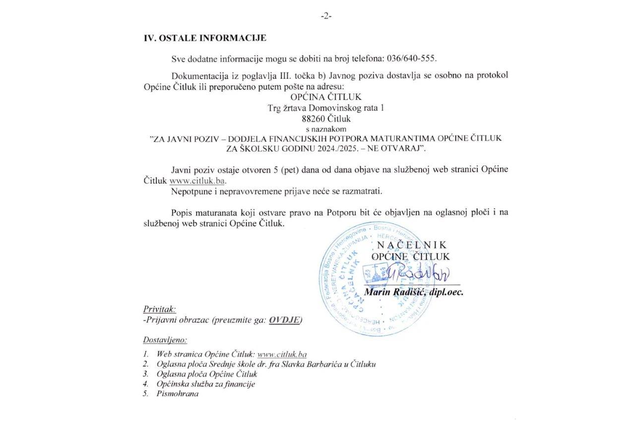 Javni poziv za maturante općine Čitluk