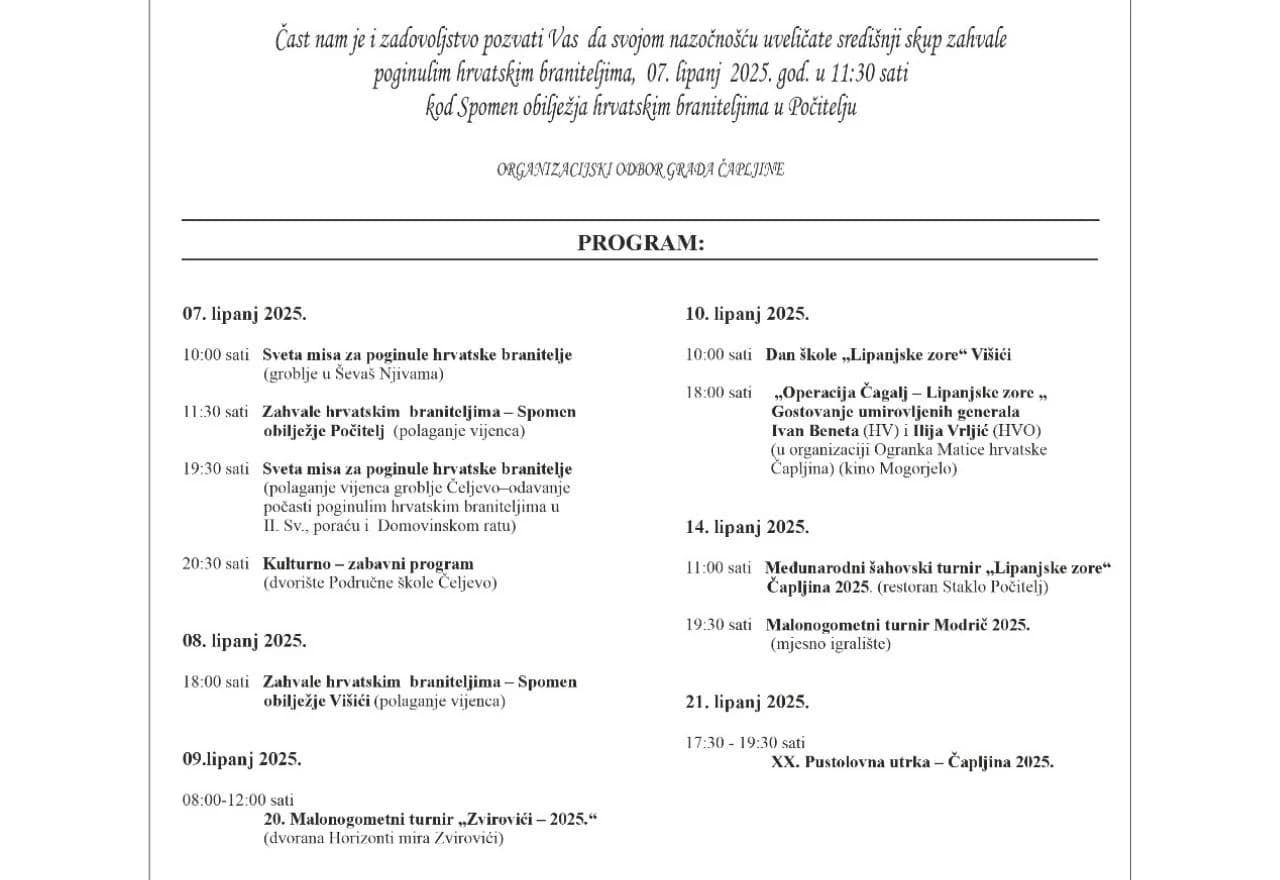 Program obilježavanja 33. obljetnice vojnoredarstvene akcije ''Lipanjske zore hrvatske Hercegovine''