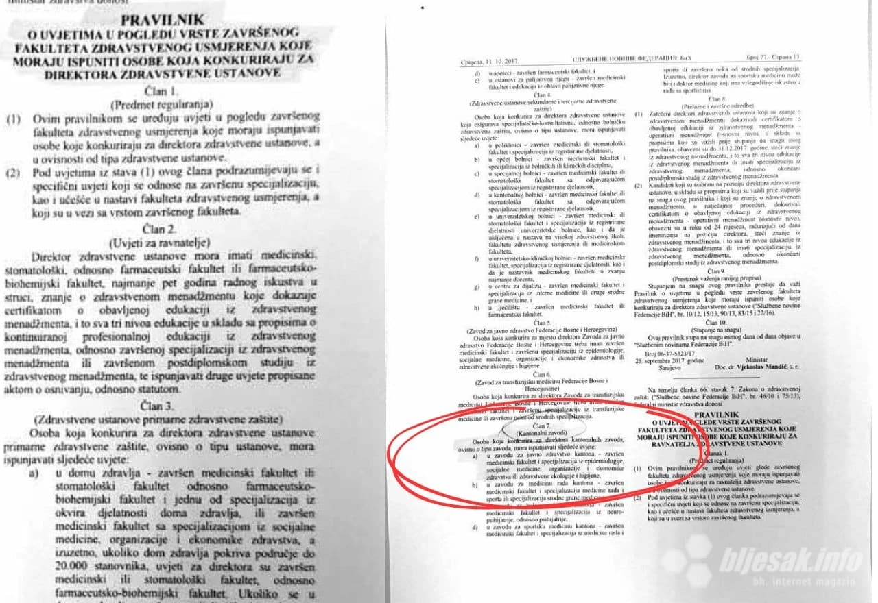 Pravilnik o uvjetima u pogledu vrste završenog fakulteta zdravstvenog usmjerenja koje moraju ispuniti osobe koje konkuriraju za direktora Zdravstvene ustanove