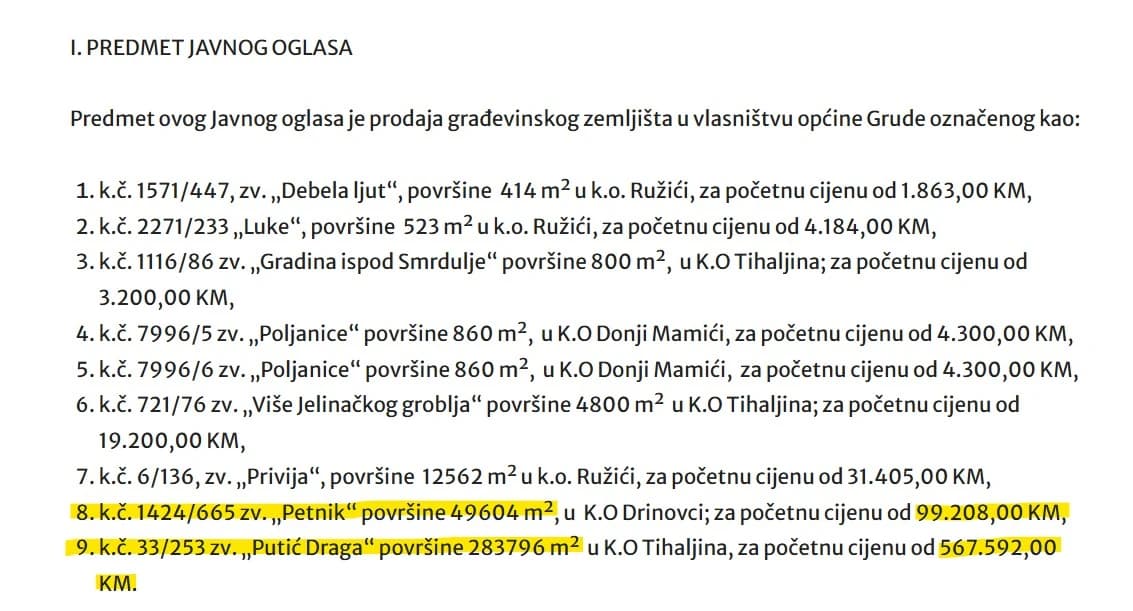 Javni oglas o prodaji zemljišta Općine Grude