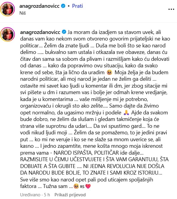 Srpska političarka izazvala buru na Instagramu