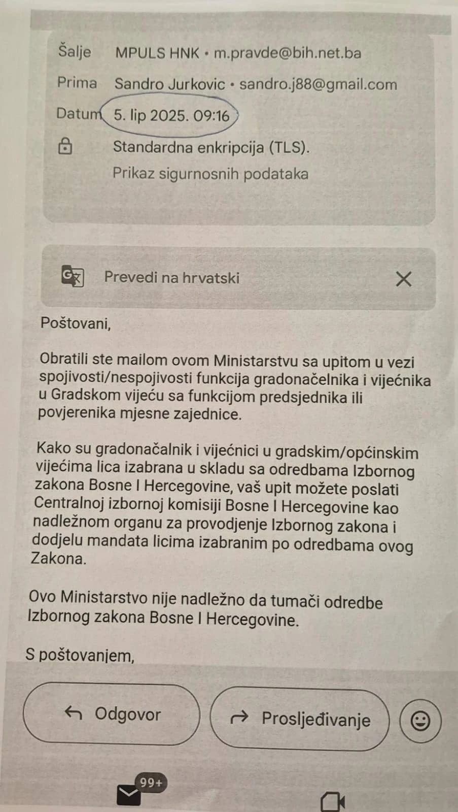 Odgovor Ministarstva pravosuđa
