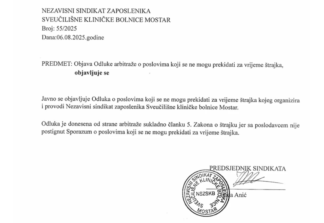 Odluka arbitraže kojom su precizno definirani poslovi i djelatnosti koje se neće prekidati tijekom najavljenog štrajka