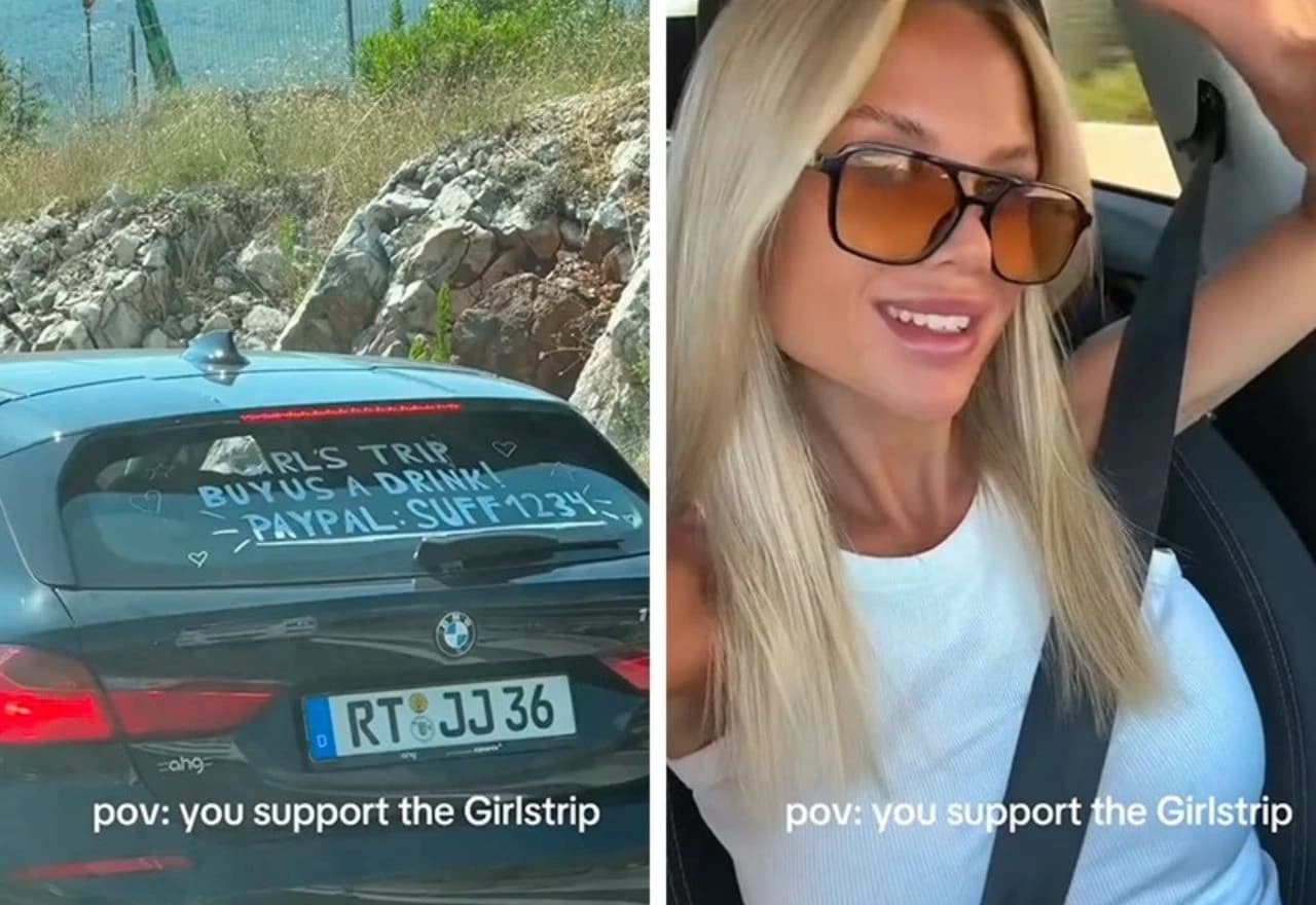 Djevojke sa zabavnim natpisom na autu