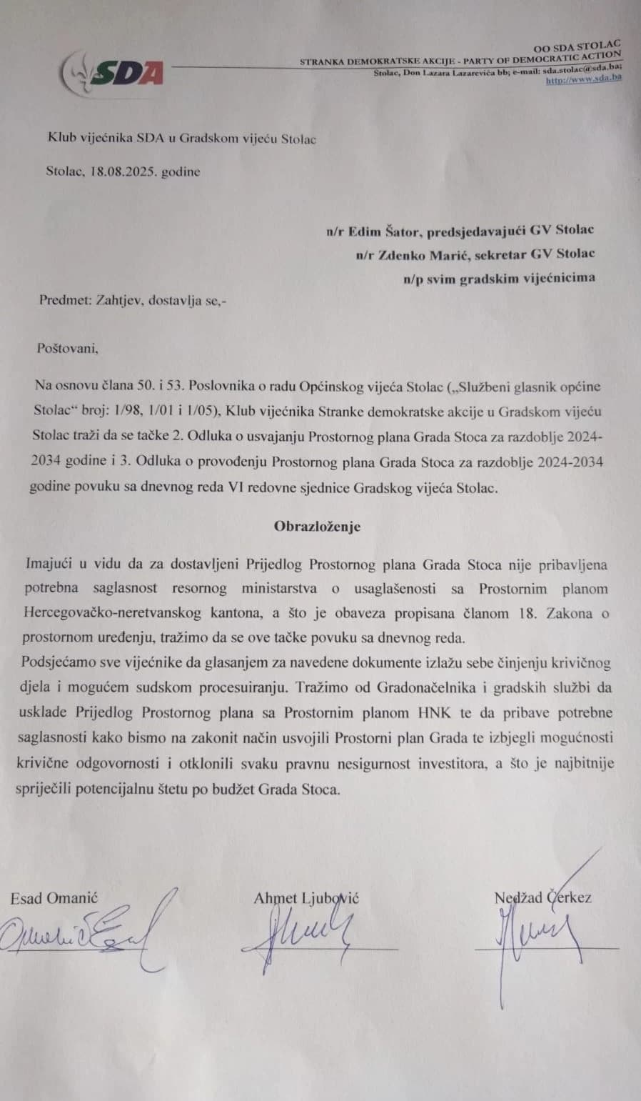 Zahtjev Kluba vijećnika SDA