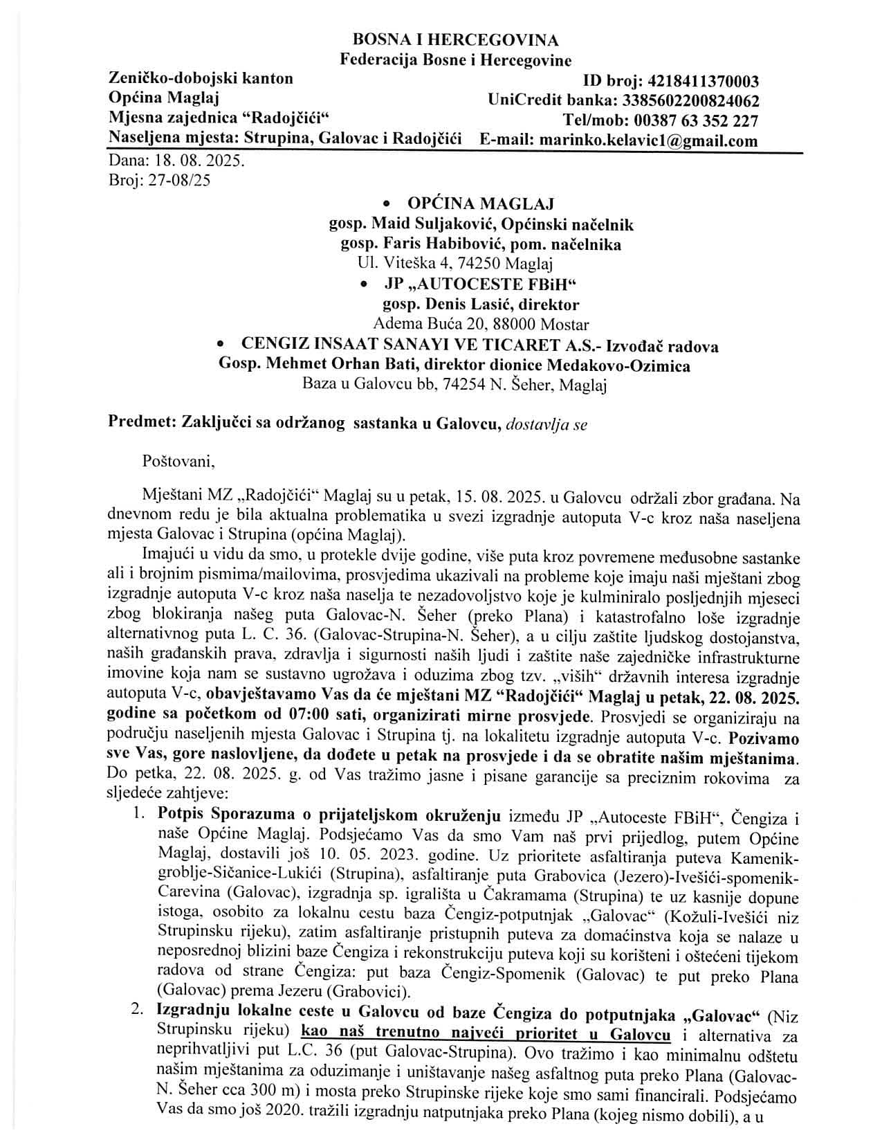 Zahtjevi mještana MZ "Radojčići"