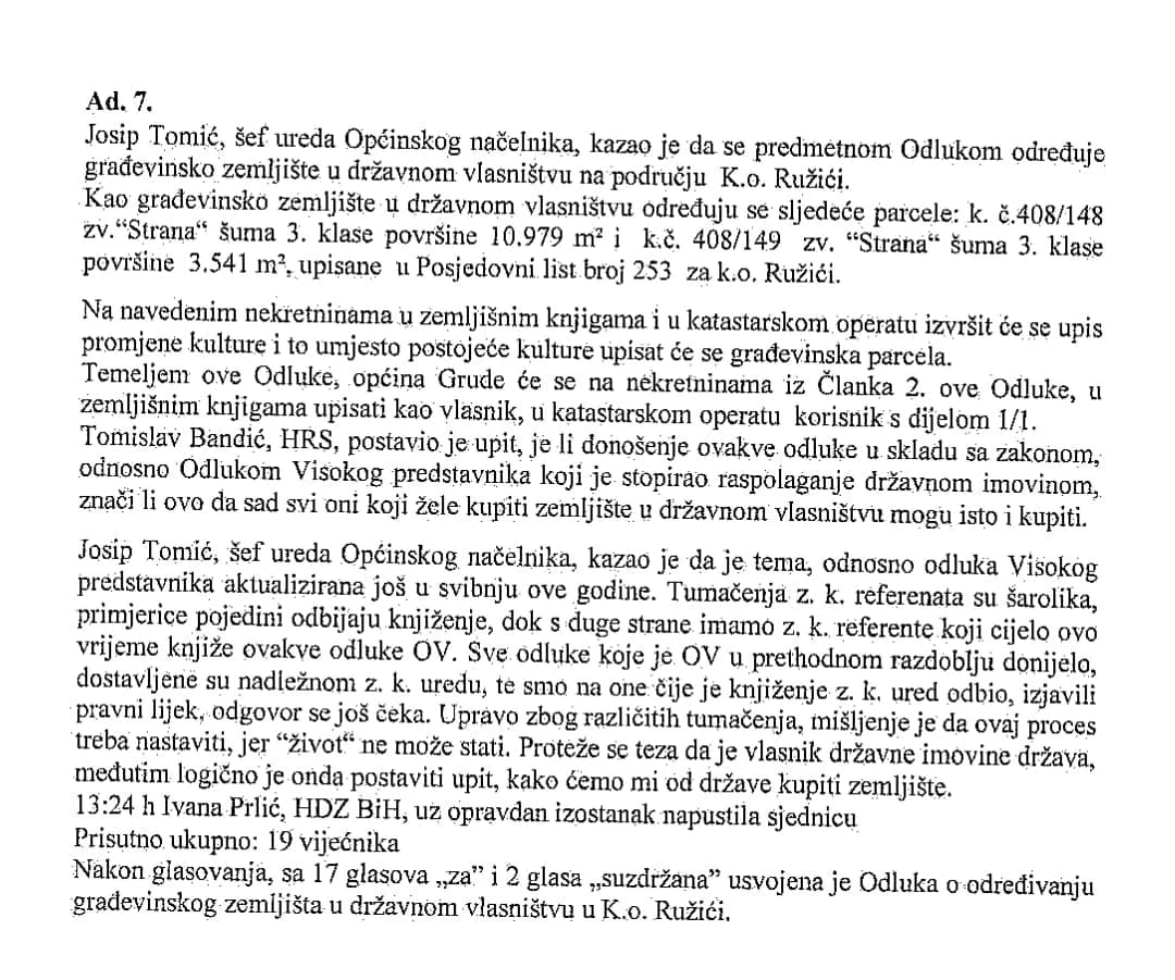 Izvod iz zapisnika sa sjednice Općinskog vijeća Grude