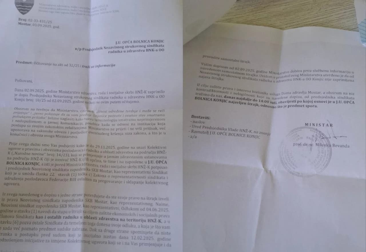 Dopis upućen Općoj bolnici Konjic