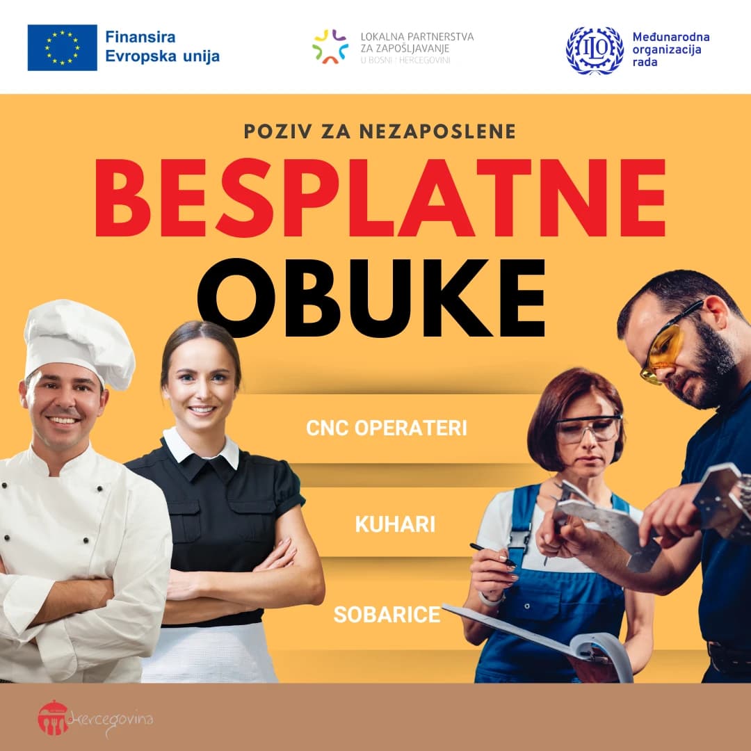 Otvoren javni poziv za besplatne obuke za kuhare, sobarice i CNC operatere u Hercegovini