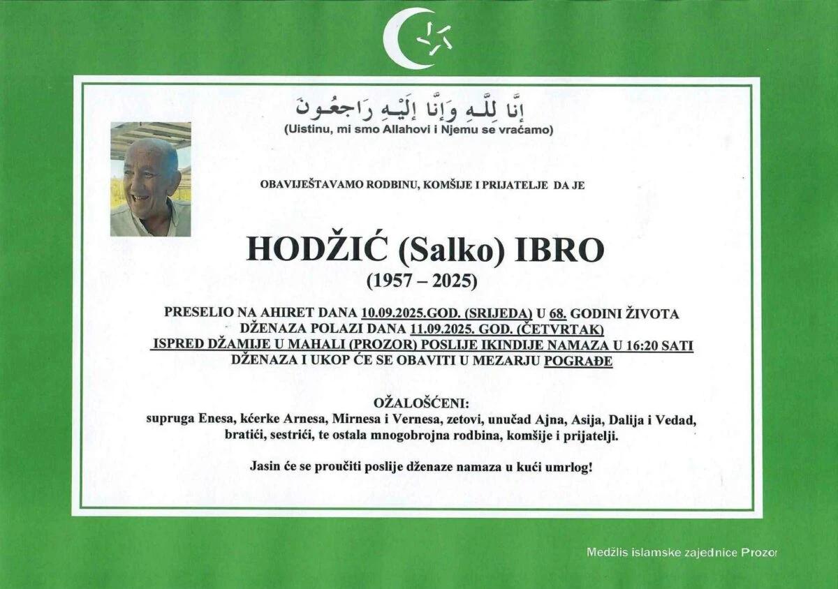 Dženaza će biti obavljena danas, 11. rujna 2025. godine, u 16:20 sati ispred džamije u Mahali (Prozor).