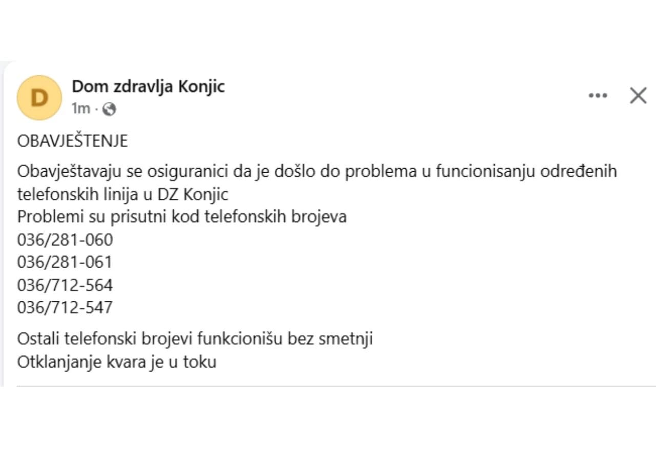 Obavijest Doma zdravlja Konjic