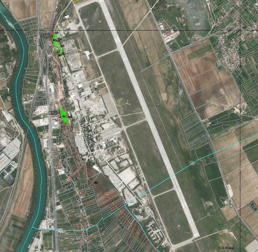 Zelenom bojom označena "perspektivna vojna imovina" uz objekte vojnog aerodroma Ortiješ, dok je crvenom bojom označena trasa autoputa