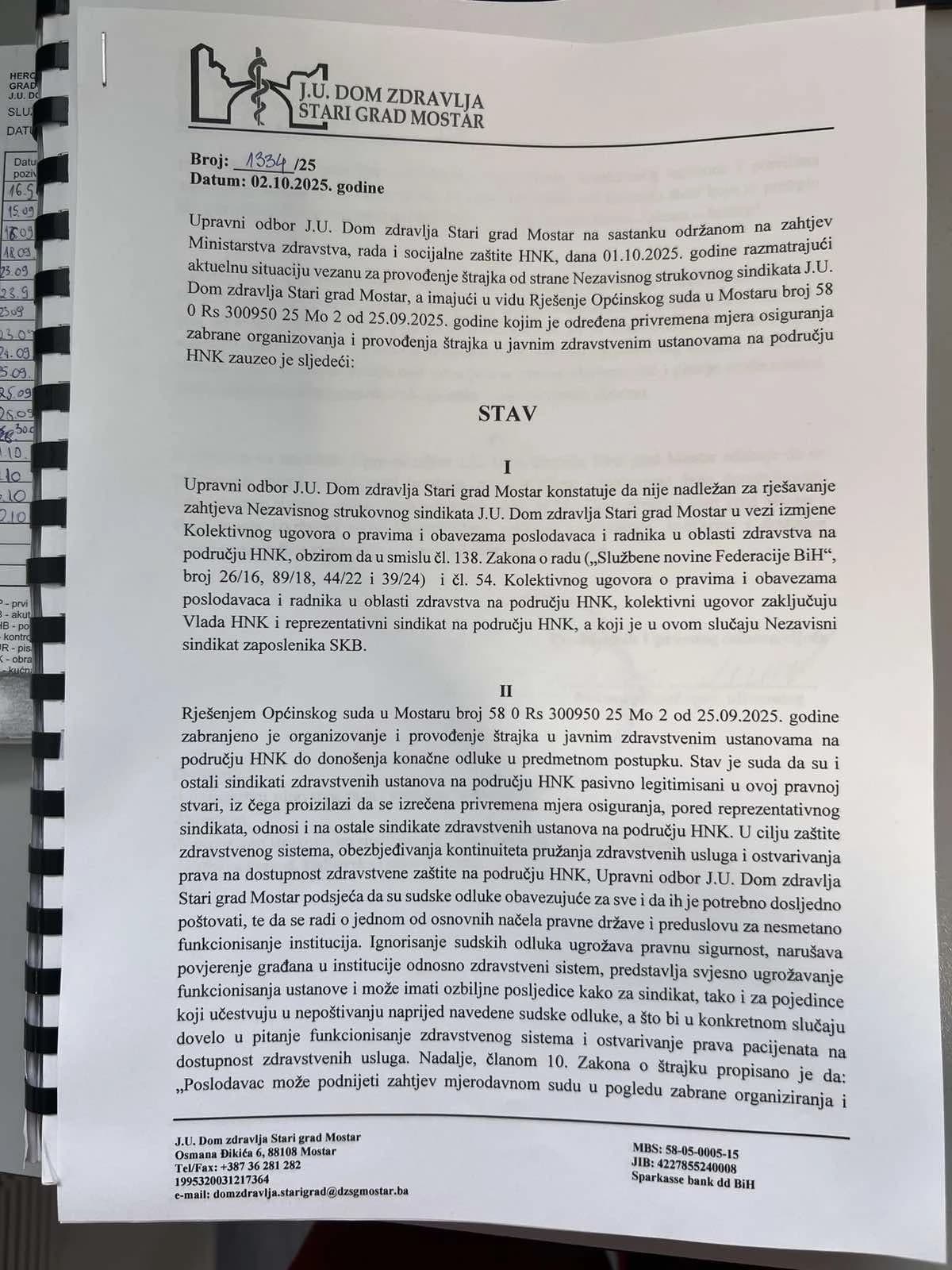 Stav Upravnog odbora J.U. Dom zdravlja Stari grad Mostar