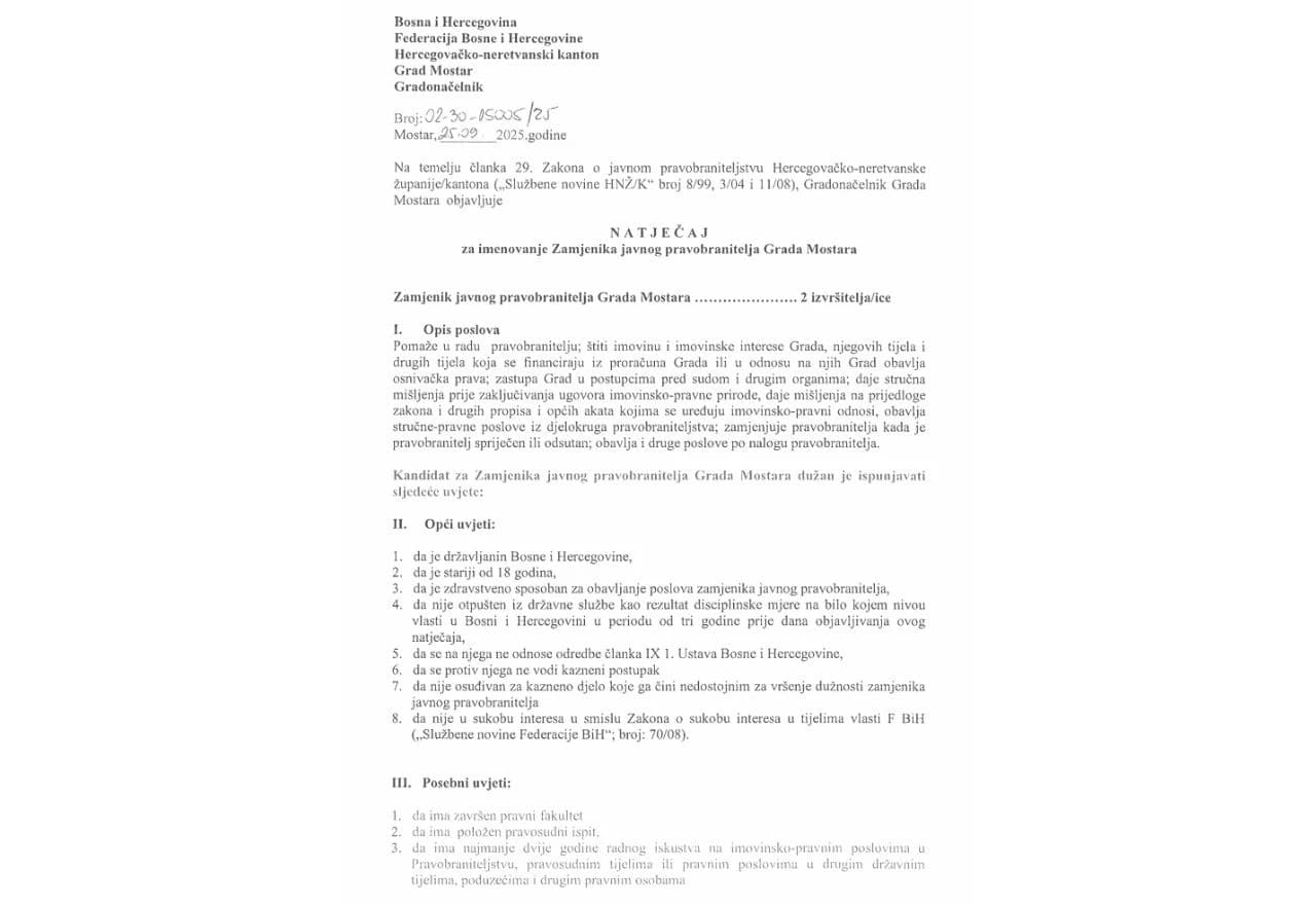Natječaj za imenovanje zamjenika javnog pravobranitelja