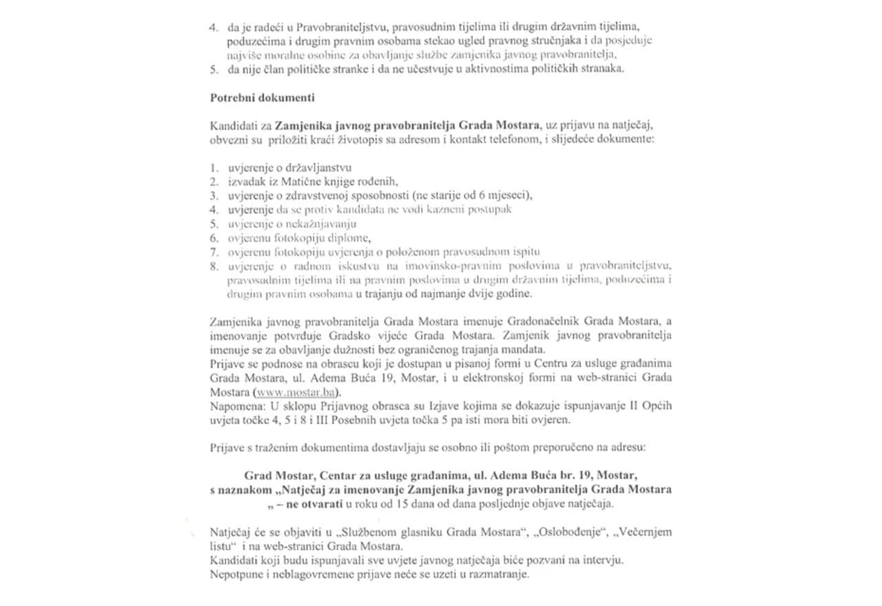 Natječaj za imenovanje zamjenika javnog pravobranitelja