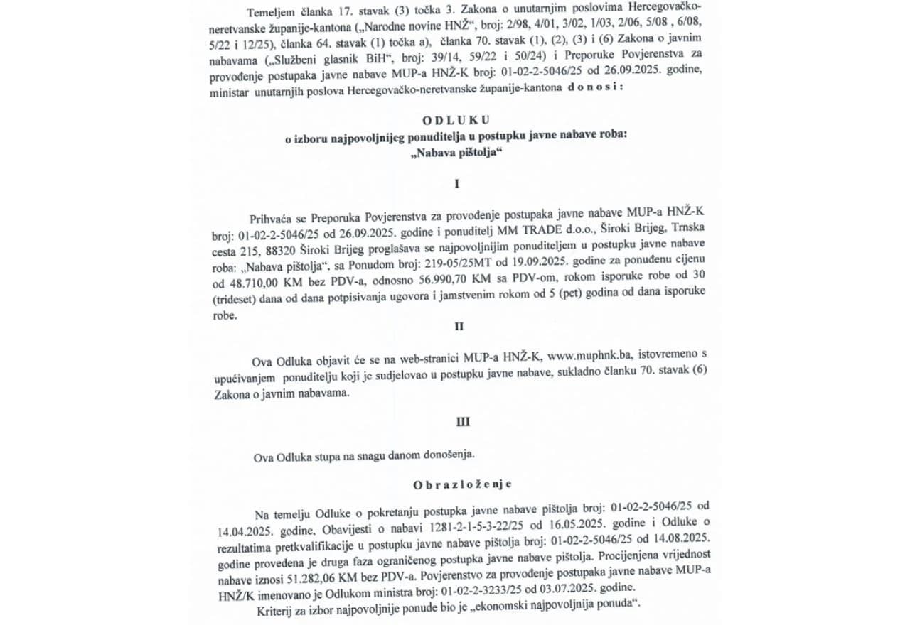 Nabava pištolja MUP-a HNŽ