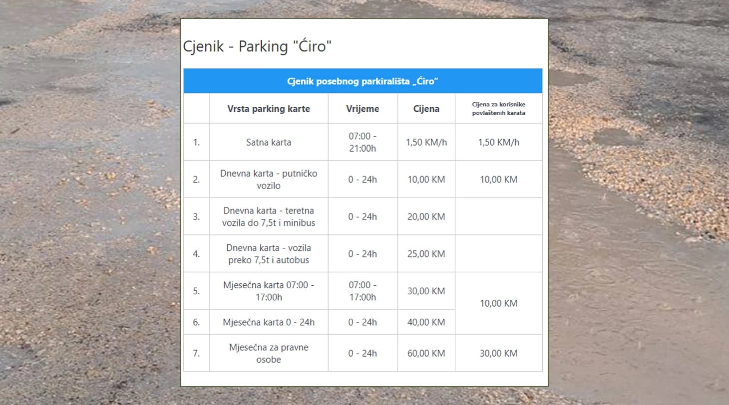Cjenik posebnih parkirališta