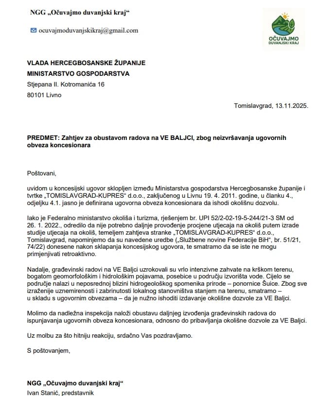 Zahtjev za obustavom radova na VE Baljci