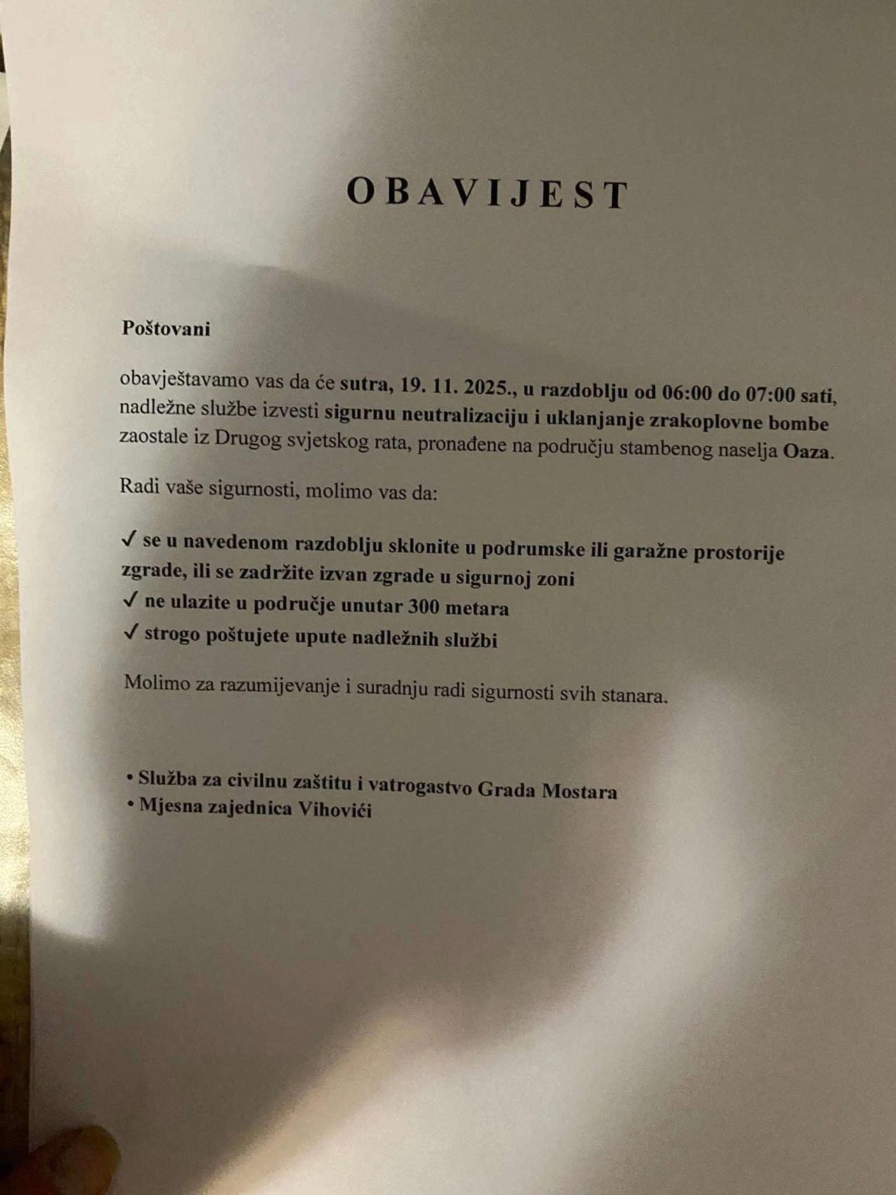 Obavijest građanima u blizini mjesta operacije