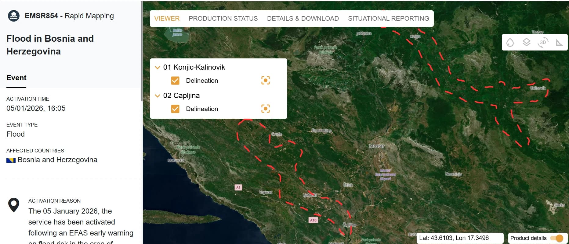 Satelitsko snimanje na području rijeke Trebižat zbog mogućih poplava