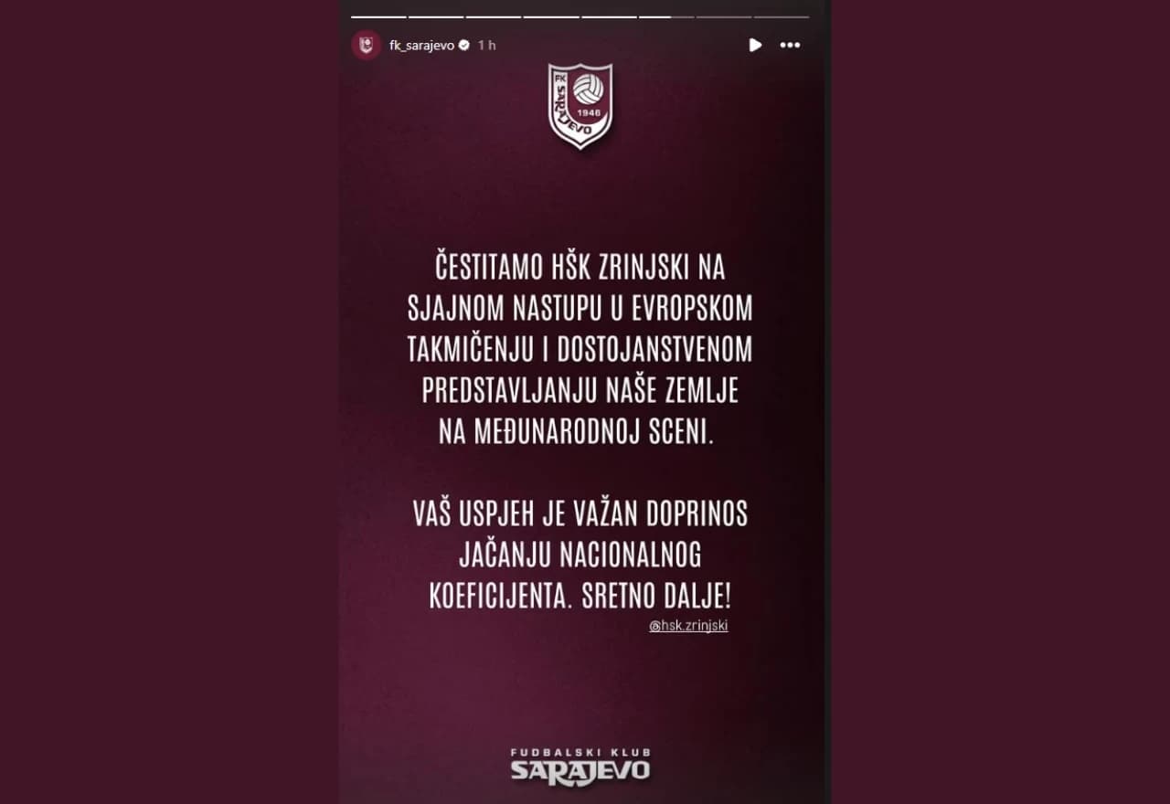 FK Sarajevo čestitao Zrinjskom na dostojanstvenom predstavljanju BiH