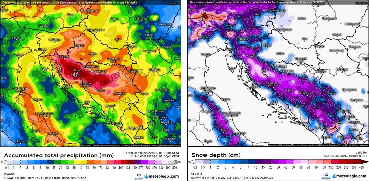 Prognoze ukupnih oborina i visine snijega
