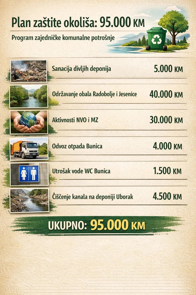 Programom zajedničke komunalne potrošnje planirana sredstva za poduzimanje aktivnosti na zaštiti okoliša iznose 95.000 KM.