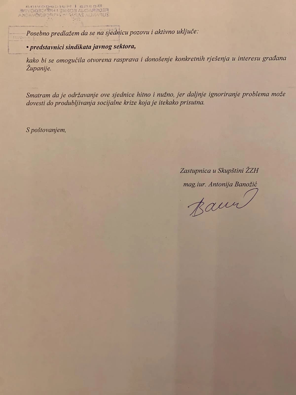 Zahtjev za hitno sazivanje sjednice Skupštine ŽZH