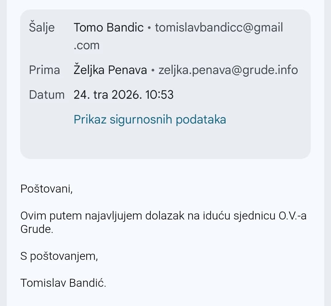 Mail kojim Tomislav Bandić najavljuje dolazak na sjednicu OV Grude