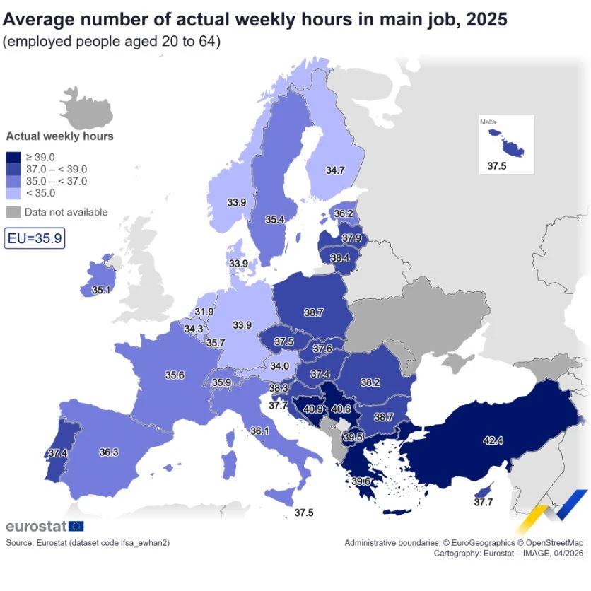 Prosječan broj radnih sati u tjednu