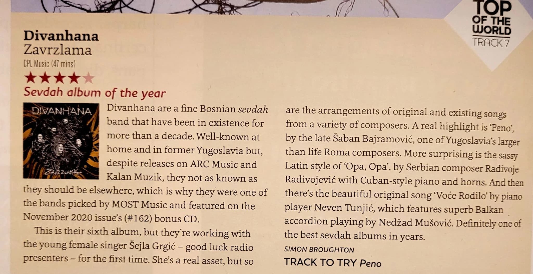 Divanhana s novim albumom ušla u selekciju ''Top of the World'' britanskog Songlines magazina