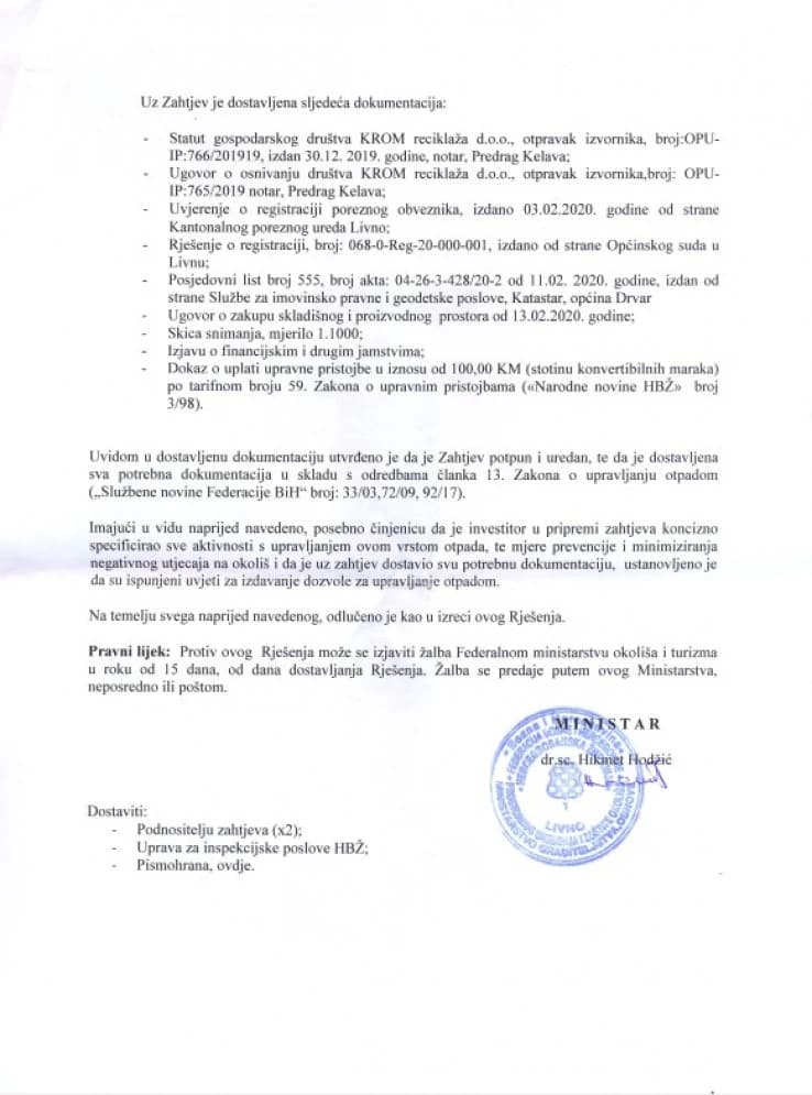 Dokument vezan za sporni otpad u Drvaru