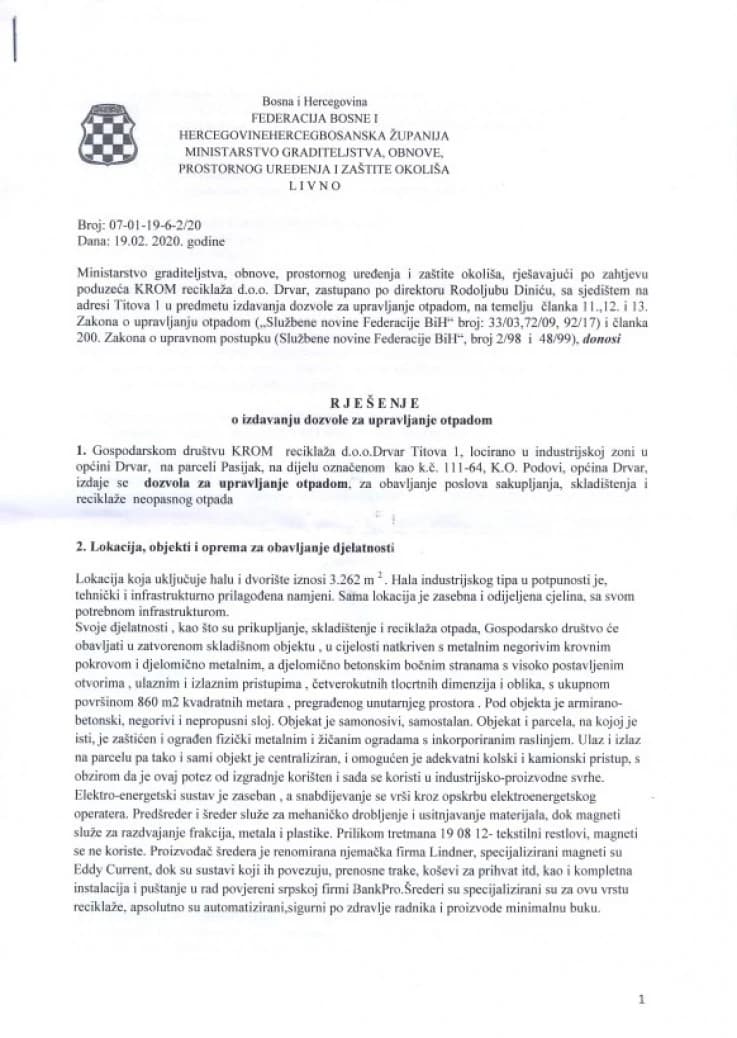 Dokument vezan za sporni otpad u Drvaru