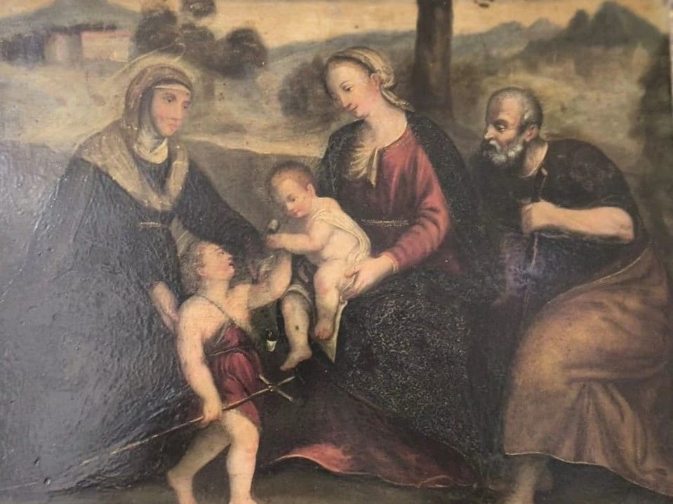 Slika prikazuje Svetu obitelj u susretu s Elizabetom i svetim Ivanom Krstiteljem – motiv koji se u kršćanskoj ikonografiji smatra iznimno snažnim simbolom duhovnosti i zajedništva.