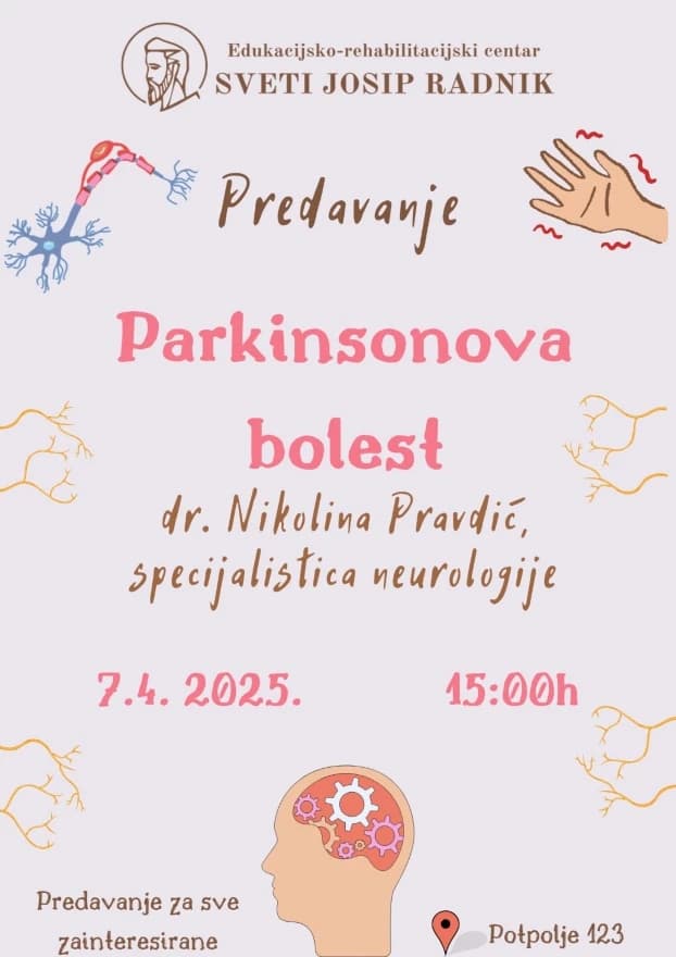 Najava predavanja "Parkinsonova bolest" u u prostorijama Edukacijsko-rehabilitacijskog centra "Sveti Josip Radnik" u Čitluku.